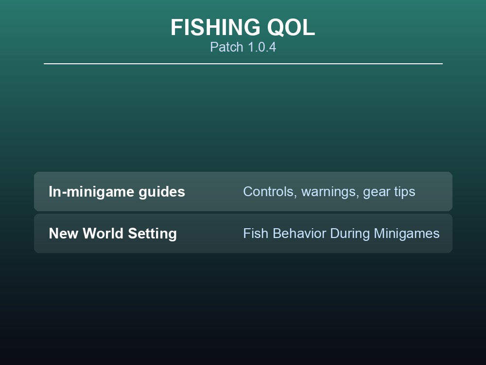 Table card listing the two fishing-minigame quality-of-life additions in patch 1.0.4.
