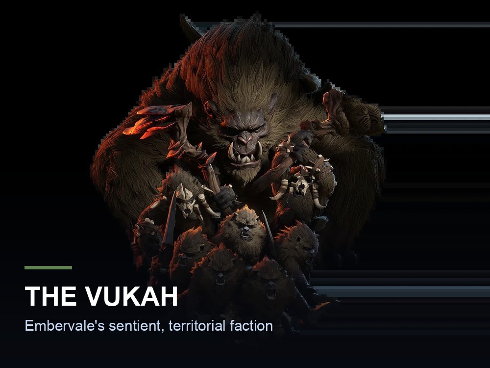 Official Enshrouded artwork of the Vukah, the fur-covered, upright faction that guards Embervale's wilds.