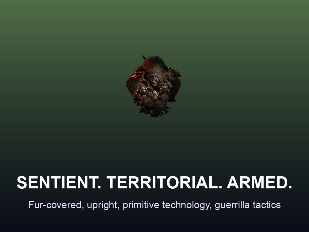 Vukah faction icon on a branded card, summarizing the species as sentient, territorial, and technology-using.