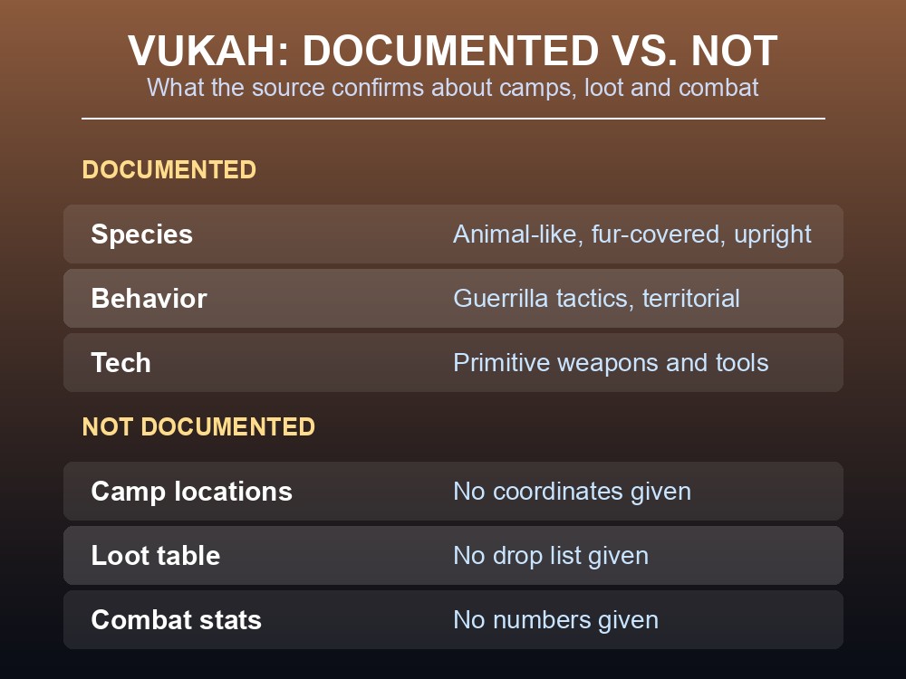 Table card splitting documented Vukah facts from what the source leaves undocumented, including camp locations and loot.