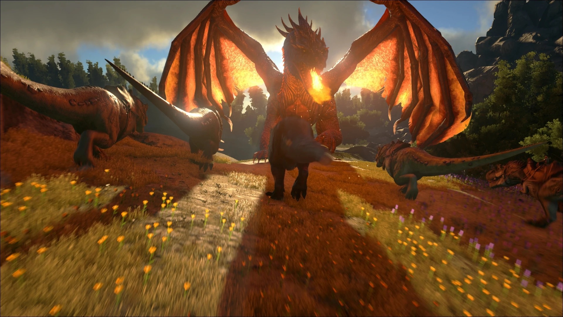 A dragon and rexes charging across an ARK landscape