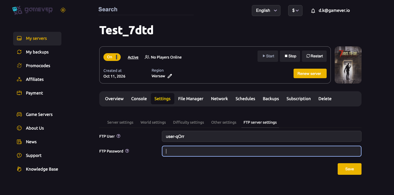 The 7 Days to Die FTP server settings sub-tab