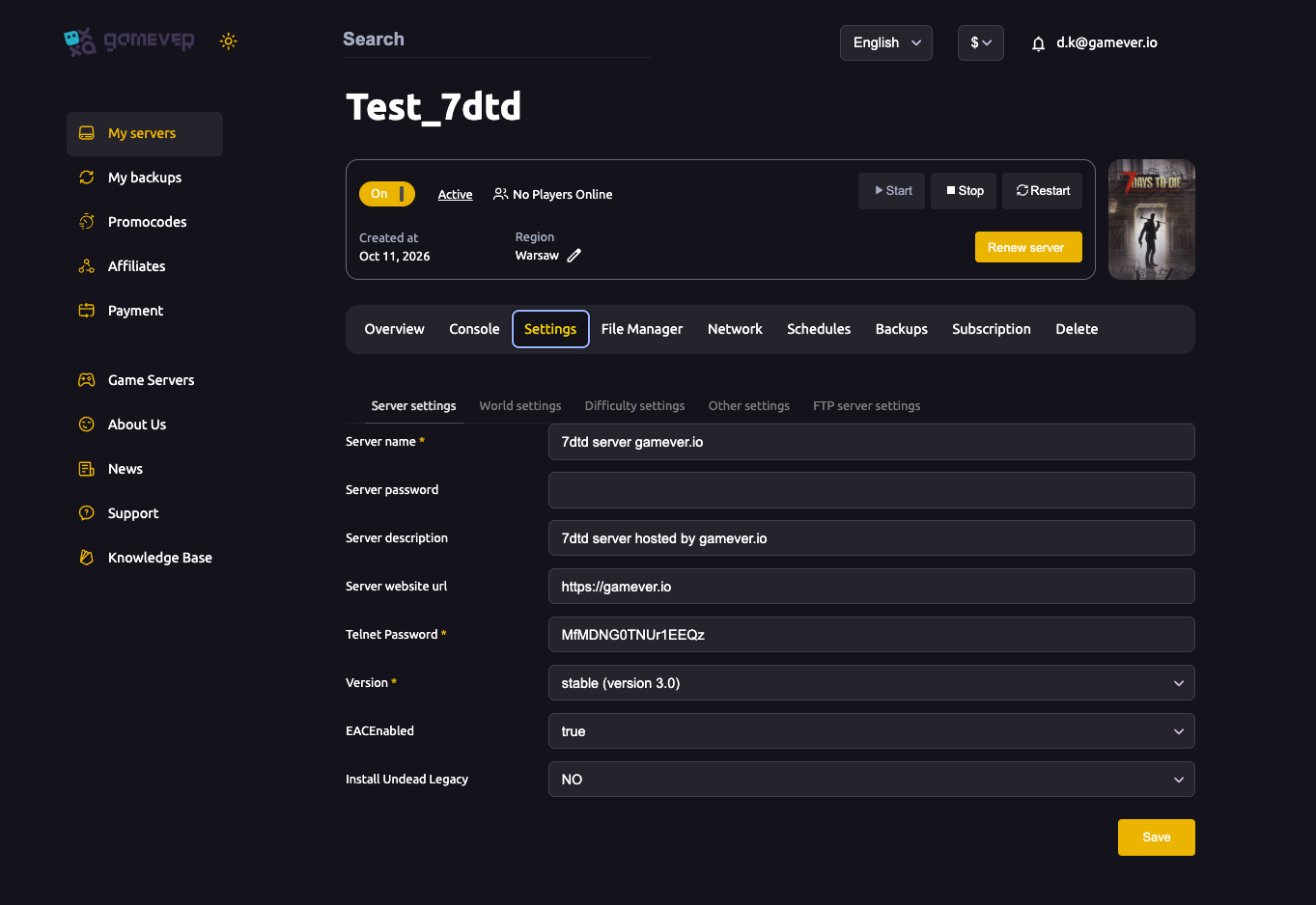 The 7 Days to Die Server settings sub-tab