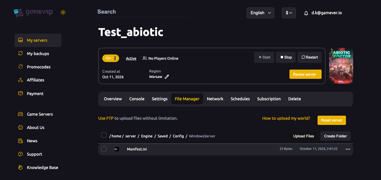 The File Manager with the Reset server button