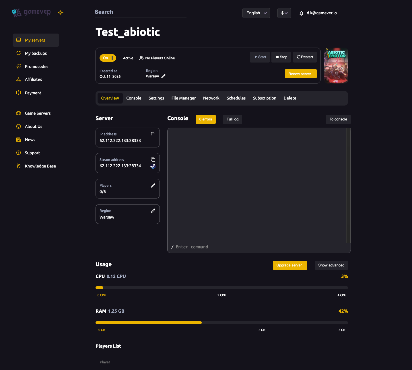 The Overview tab showing Players 0/6