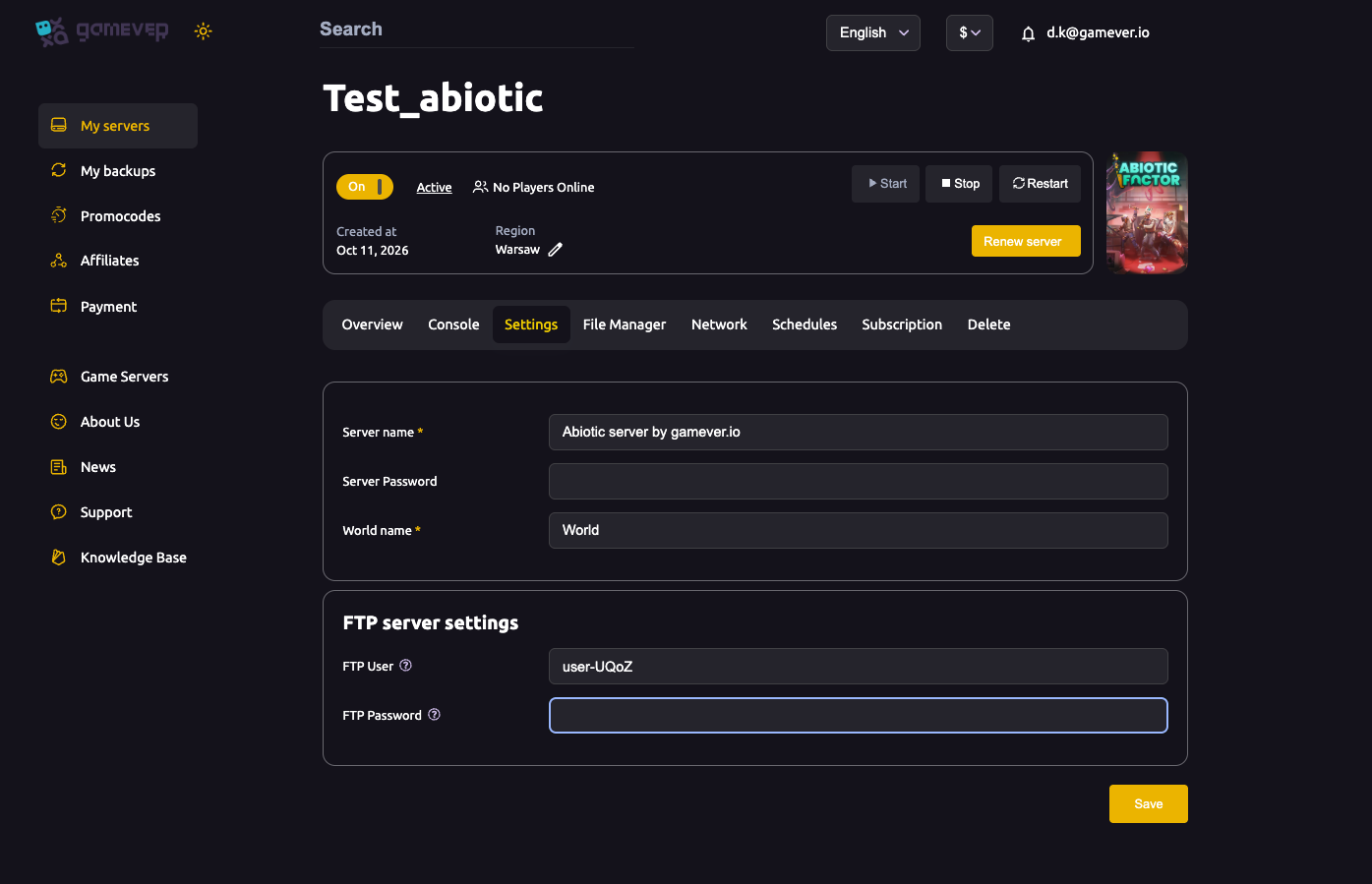 The Abiotic Factor Settings page with the FTP block