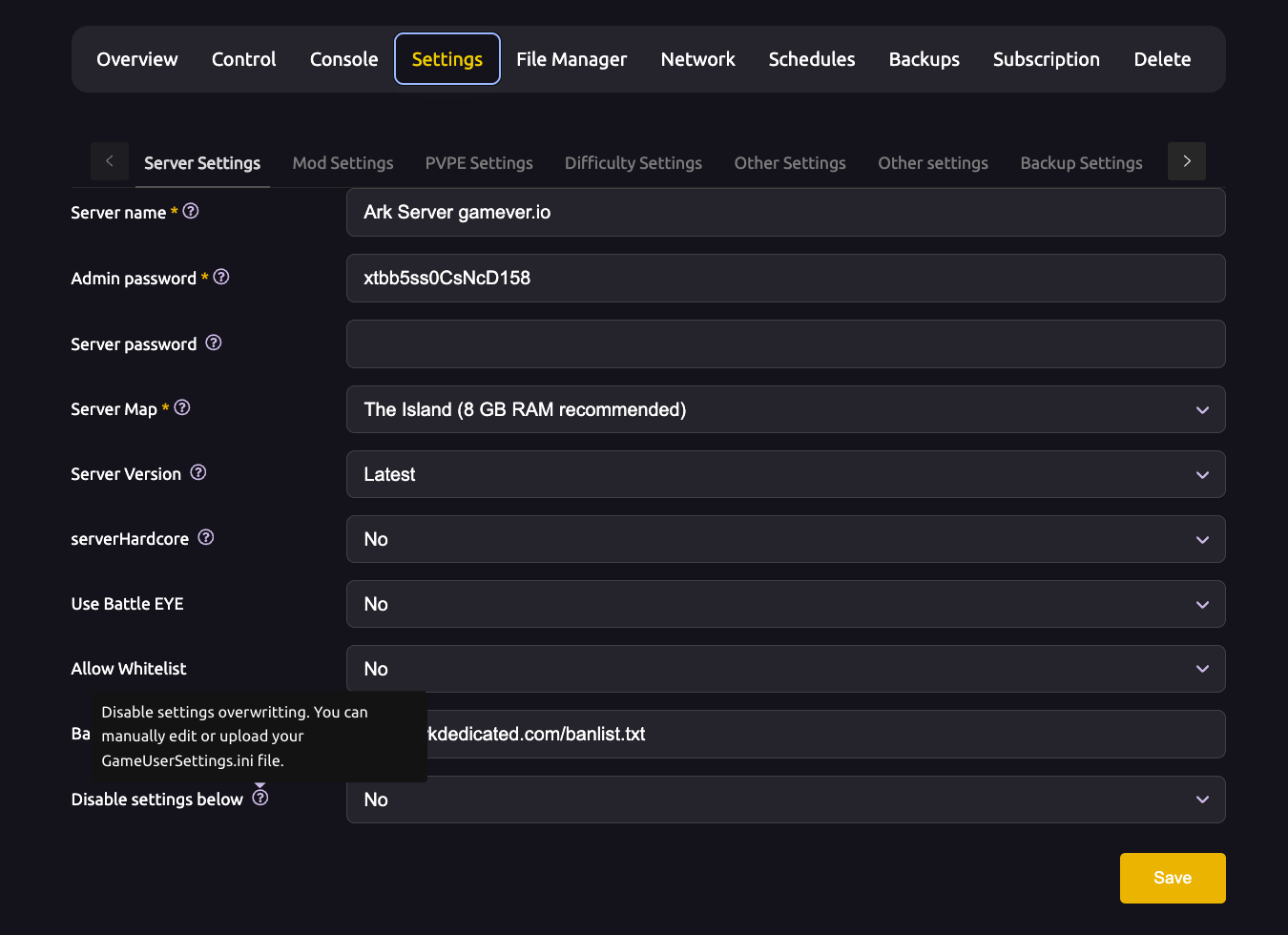 The "Disable settings below" option in the gamever control panel