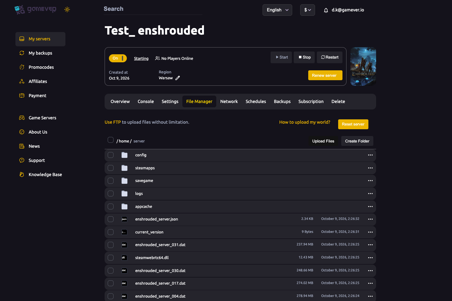 The Enshrouded File Manager showing savegame and .dat files