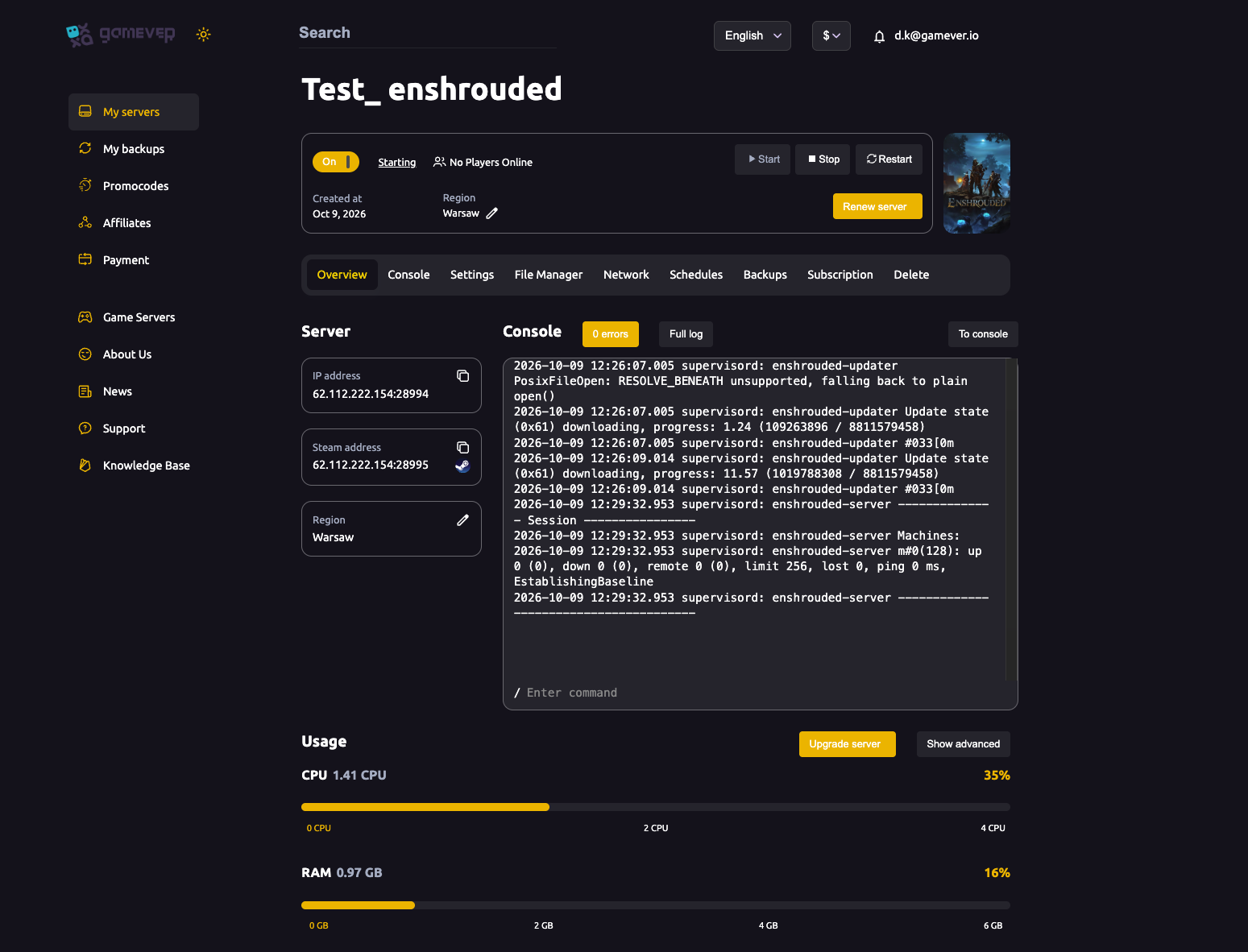 The Enshrouded server Overview tab