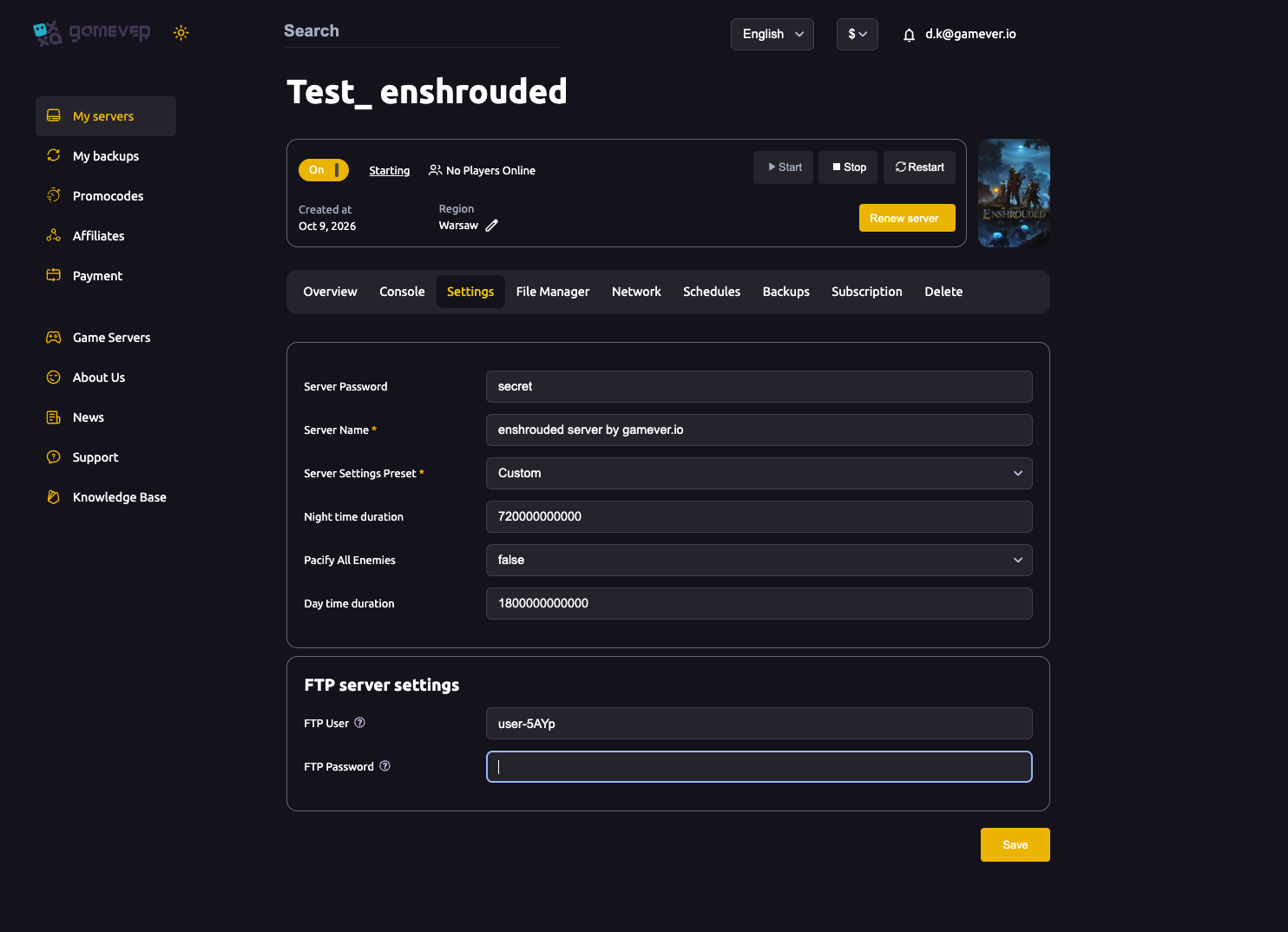 The Enshrouded Settings tab