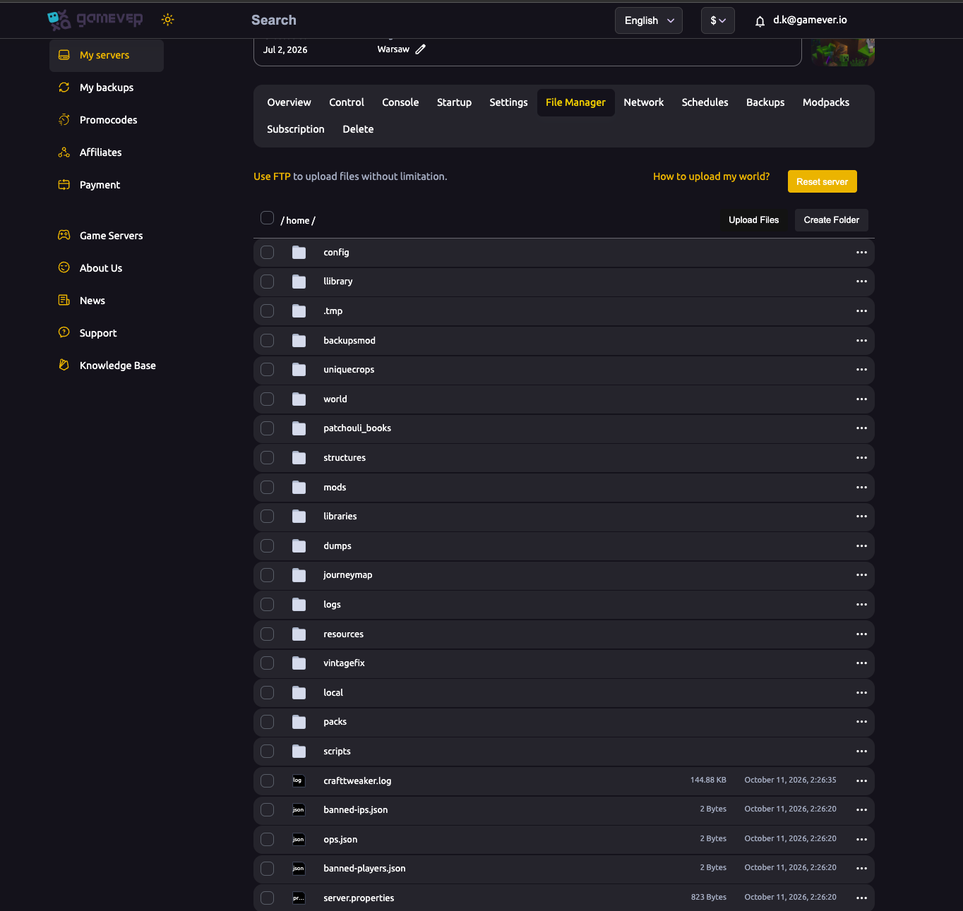The gamever Minecraft File Manager at /home/ showing config, mods, world and other server folders