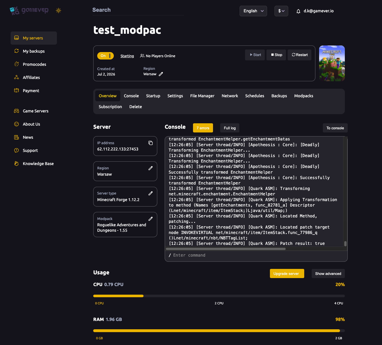The gamever Minecraft server Overview tab showing server type, modpack, IP and live console