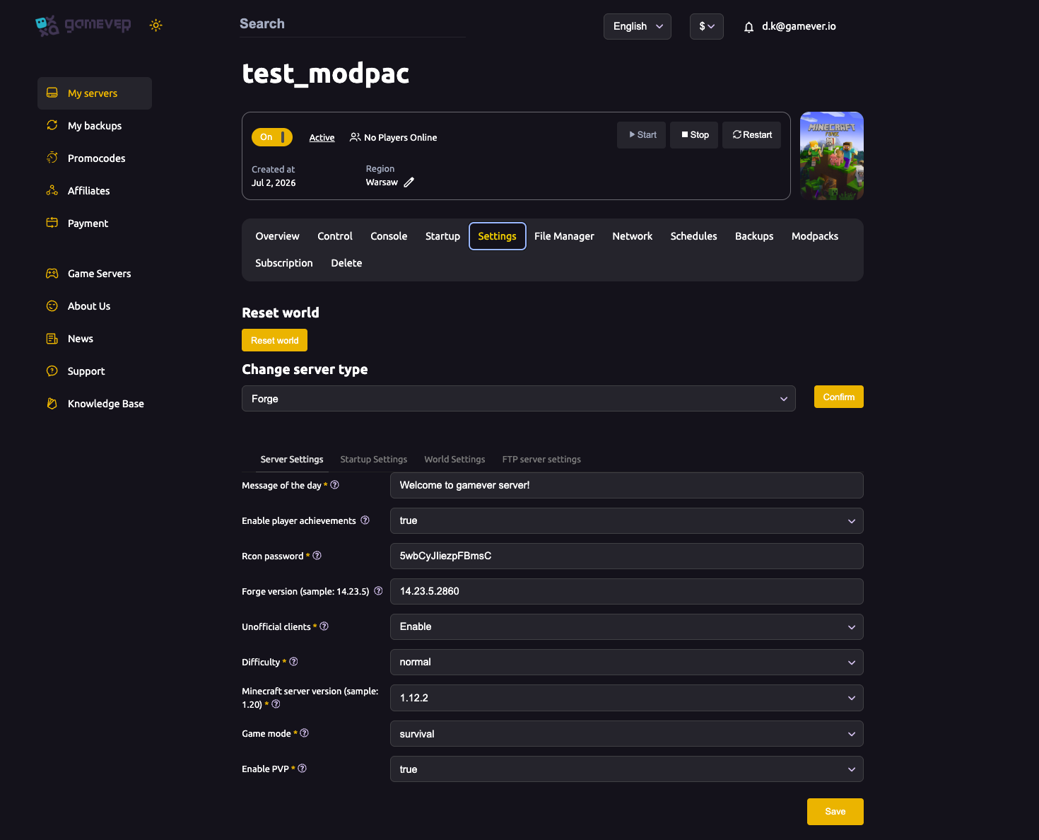 The gamever Minecraft Settings tab, Server Settings sub-tab with MOTD, difficulty, version and game mode fields