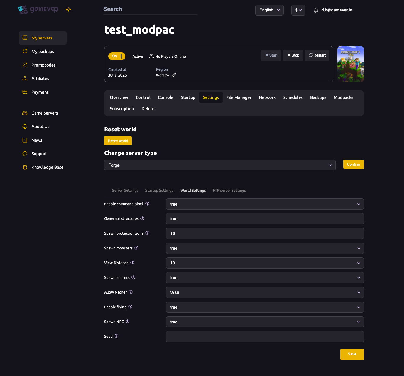 The gamever Minecraft Settings tab, World Settings sub-tab with command blocks, spawn protection, view distance and mob toggles
