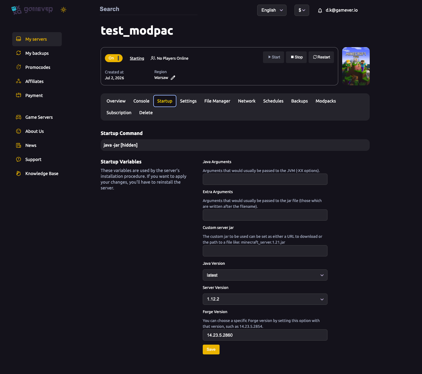 The gamever Minecraft Startup tab with Java Arguments, Custom server jar, Java Version, Server Version and Forge Version