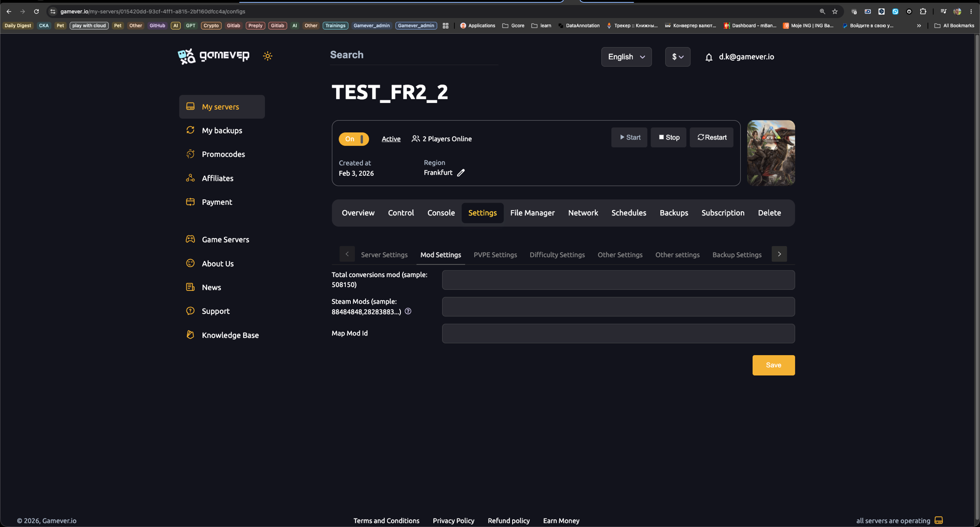 The Mod Settings tab in the gamever control panel