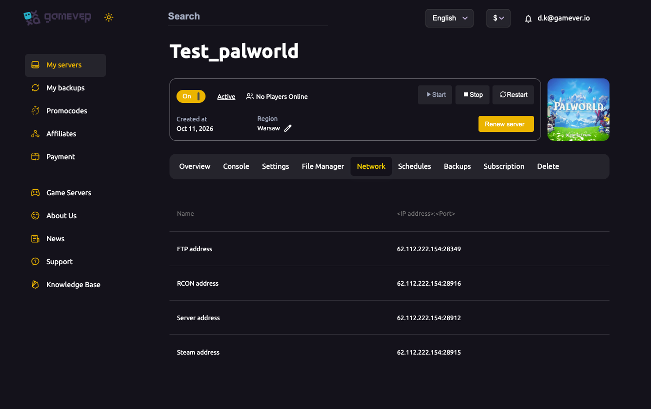 The Palworld Network tab showing the server ports