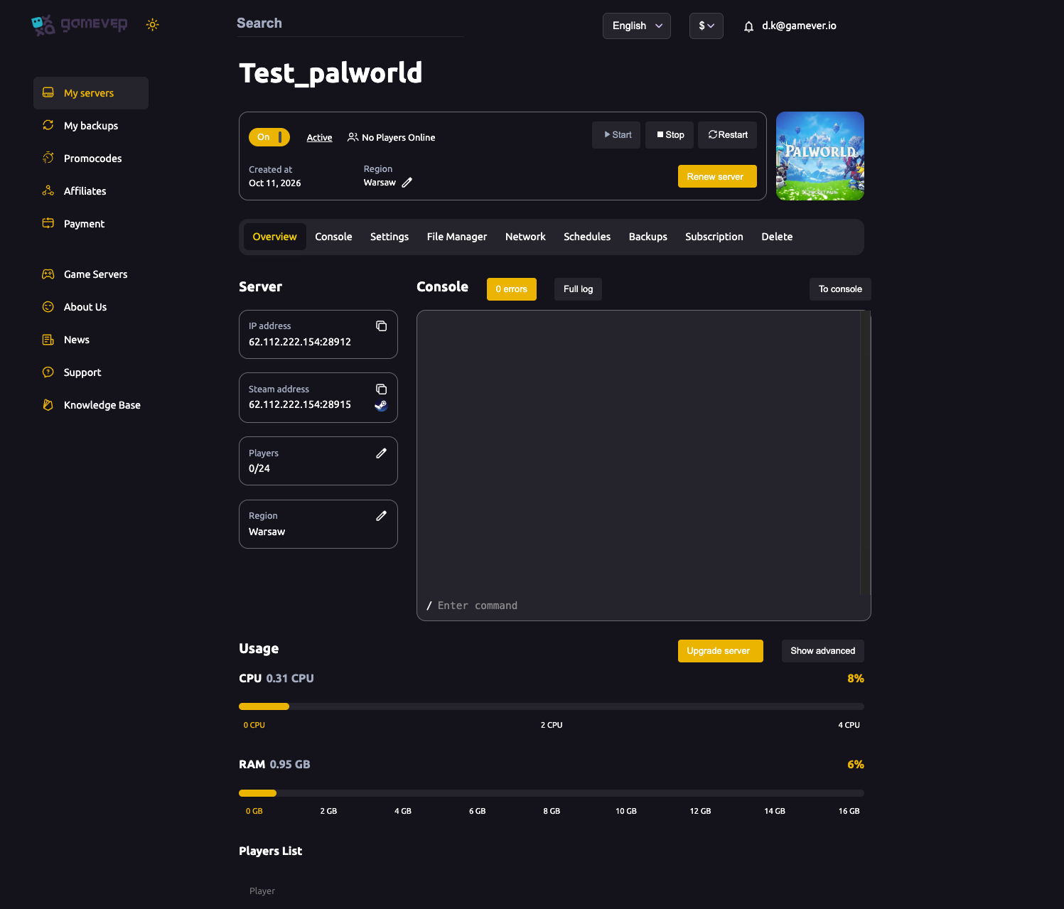 The Palworld server Overview tab showing the tab bar with Backups