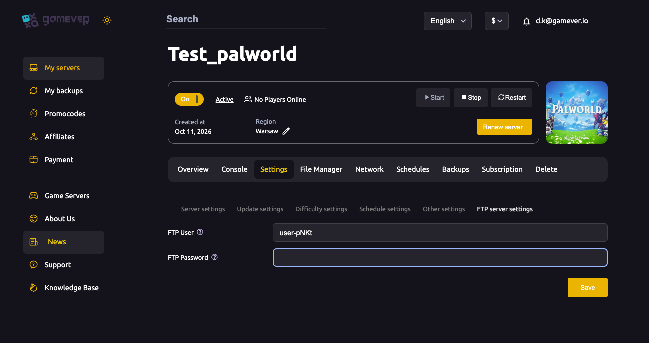 The Palworld FTP server settings tab with FTP User and Password