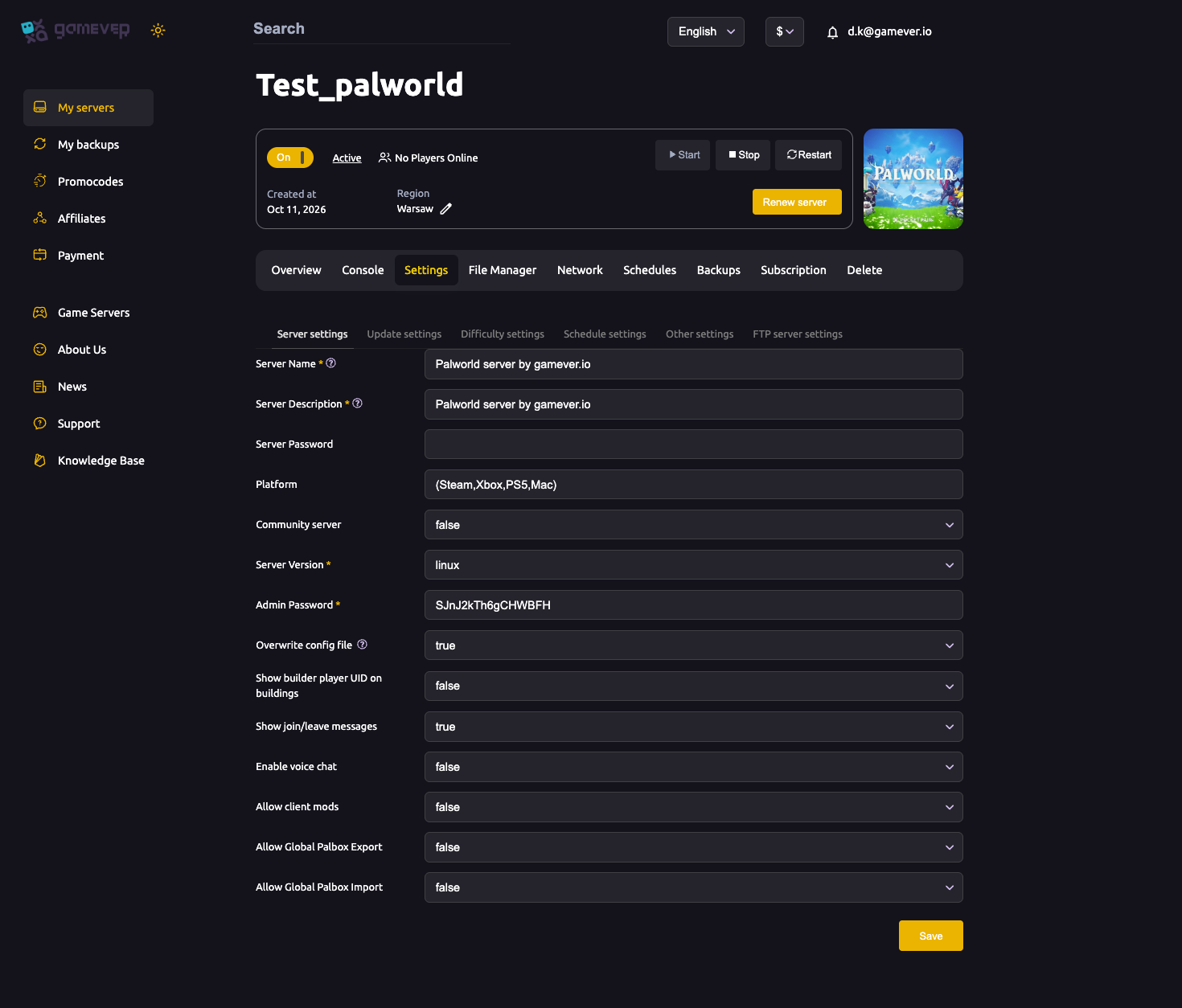 The Palworld Server settings tab with the Community server toggle