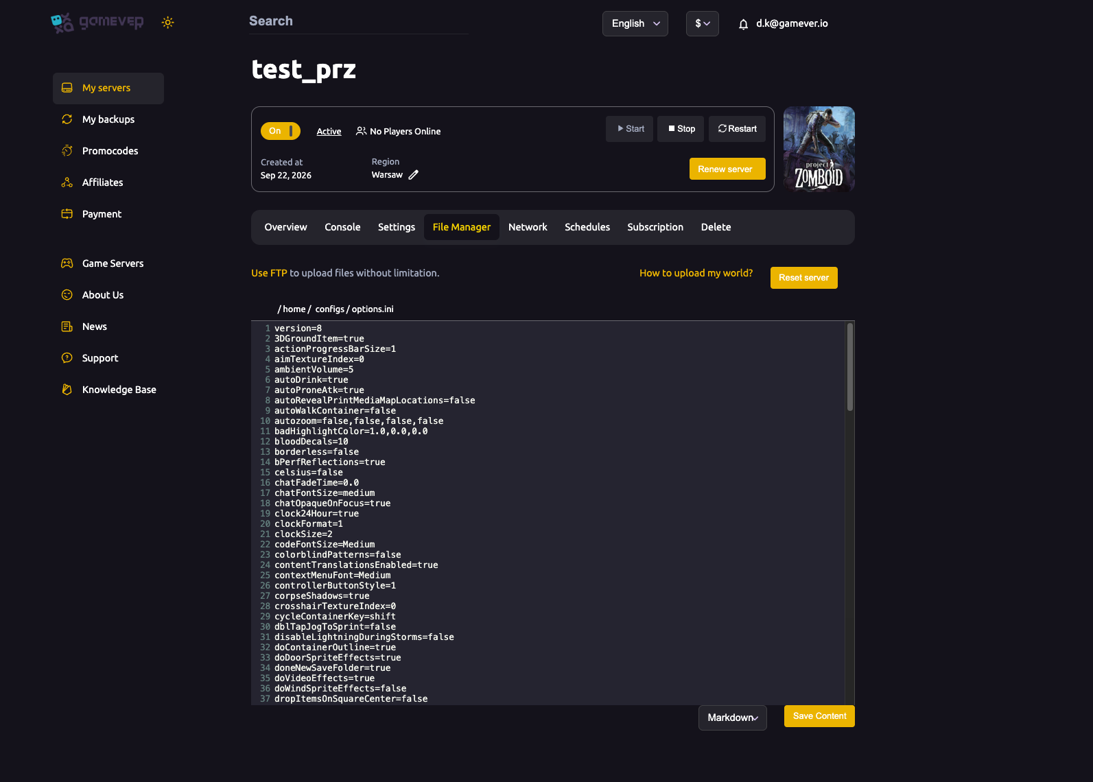 The Project Zomboid File Manager editing options.ini
