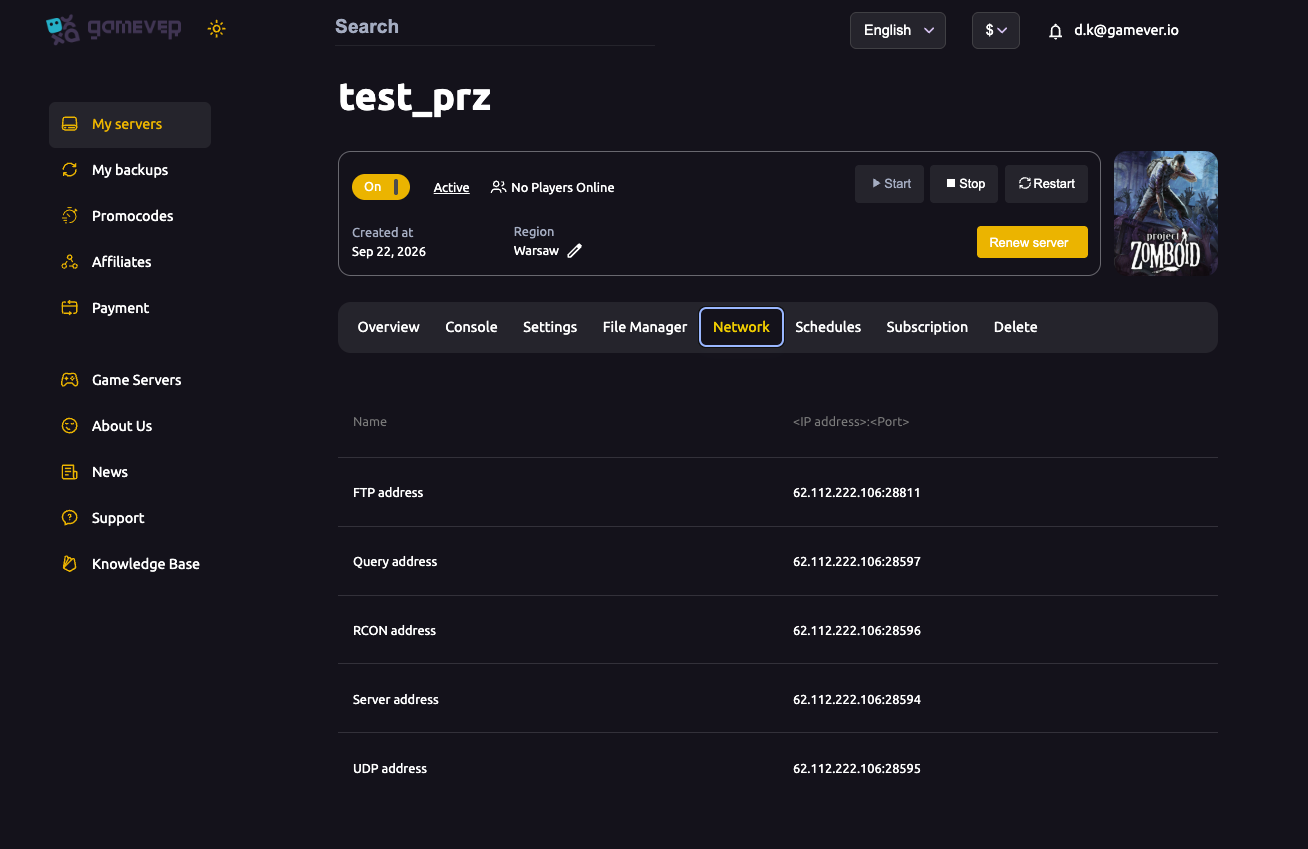 The Project Zomboid Network ports tab