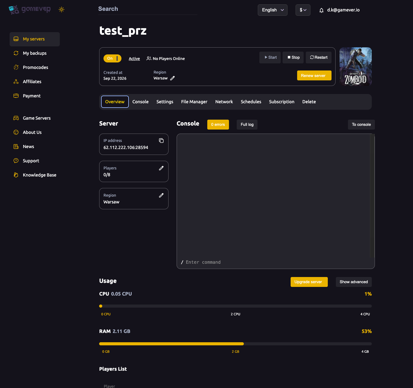 The Project Zomboid server Overview tab