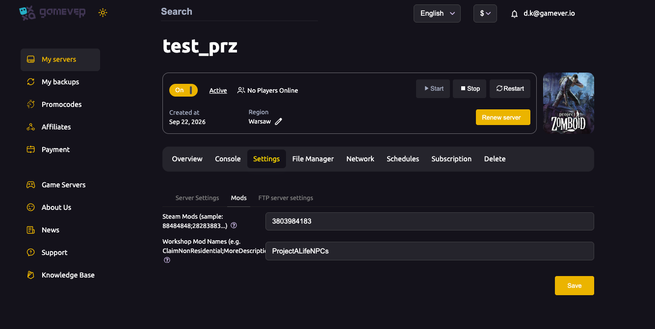 The Project Zomboid Mods sub-tab