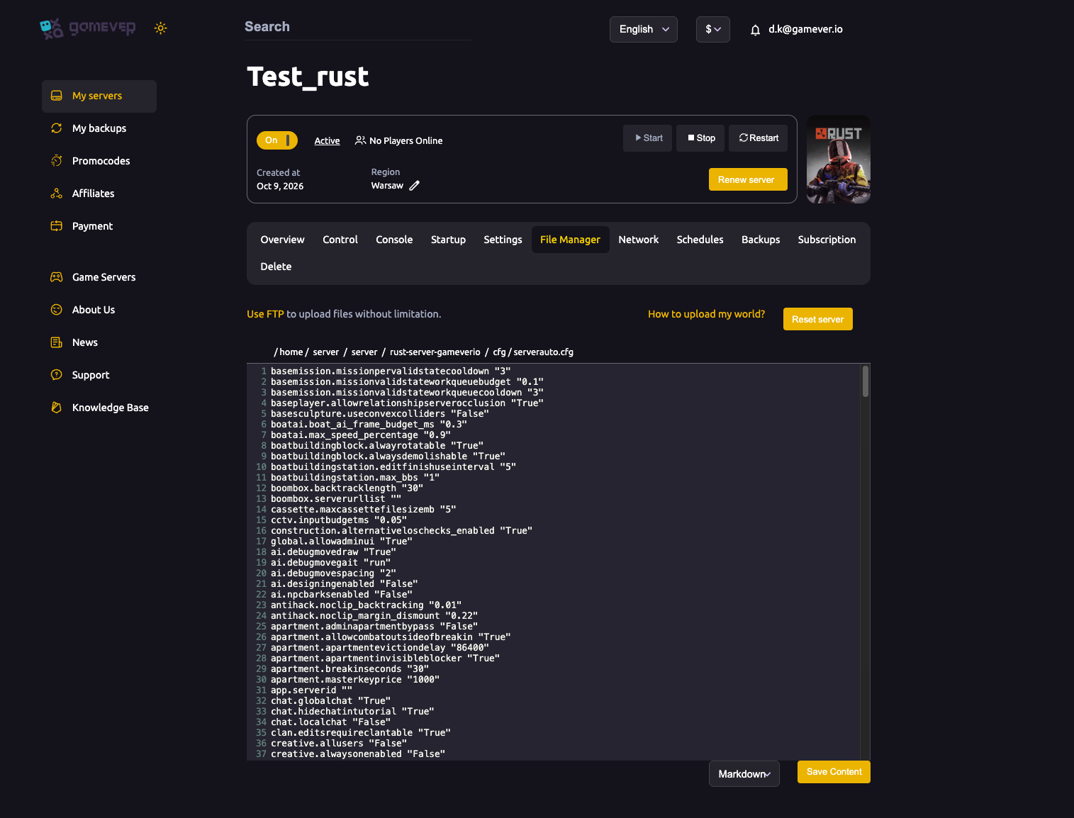 serverauto.cfg open in the File Manager editor