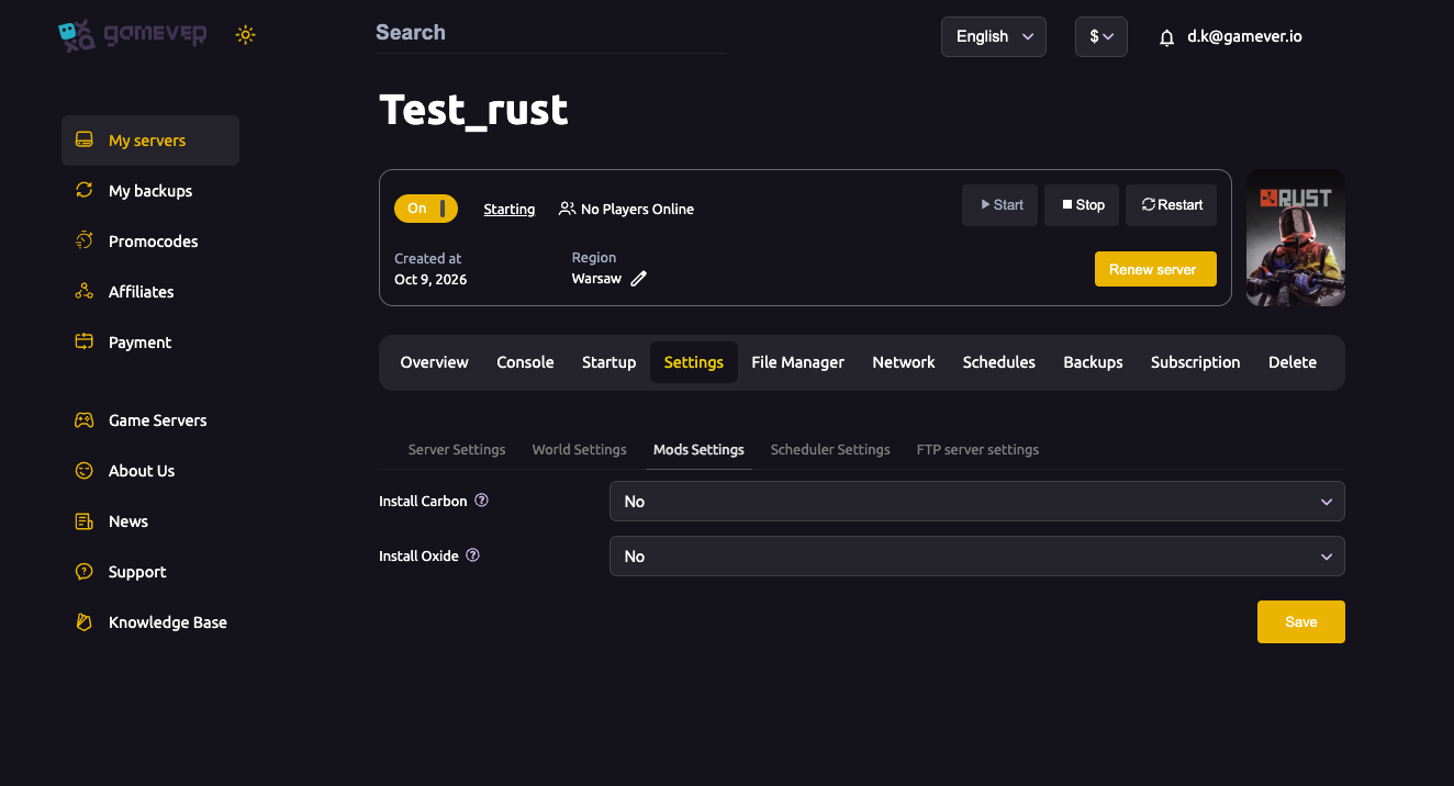 The Mods Settings sub-tab with Install Carbon / Install Oxide