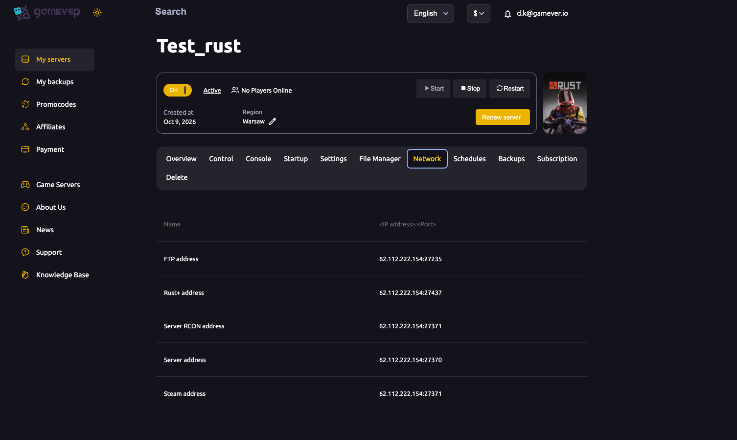 The Network tab listing the Rust server addresses