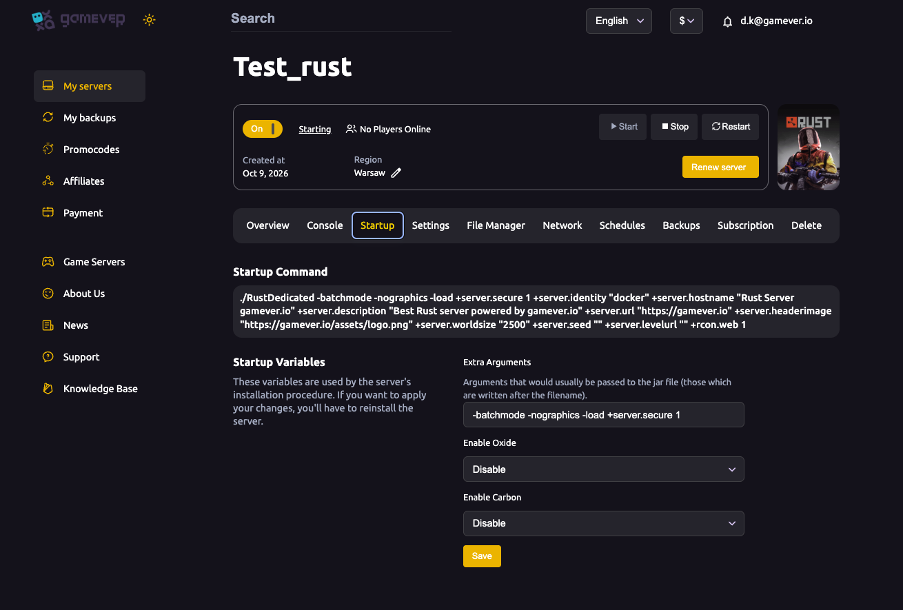The Startup tab showing the Rust startup command