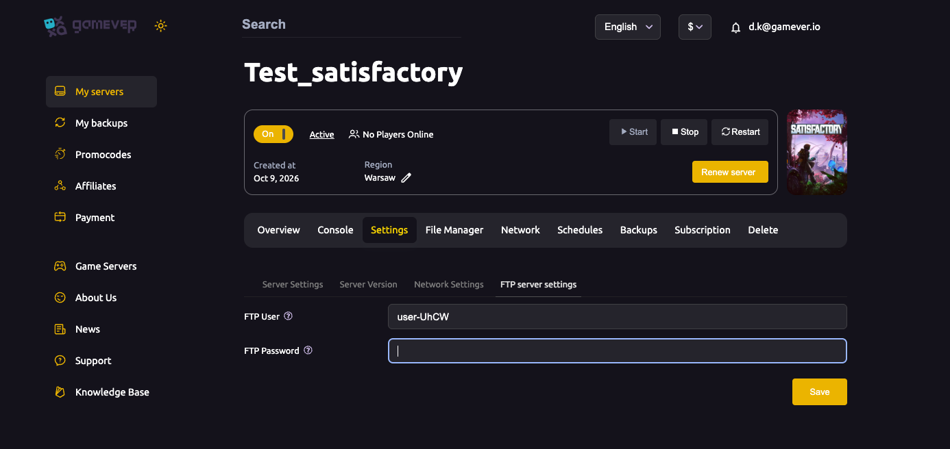The Satisfactory FTP settings