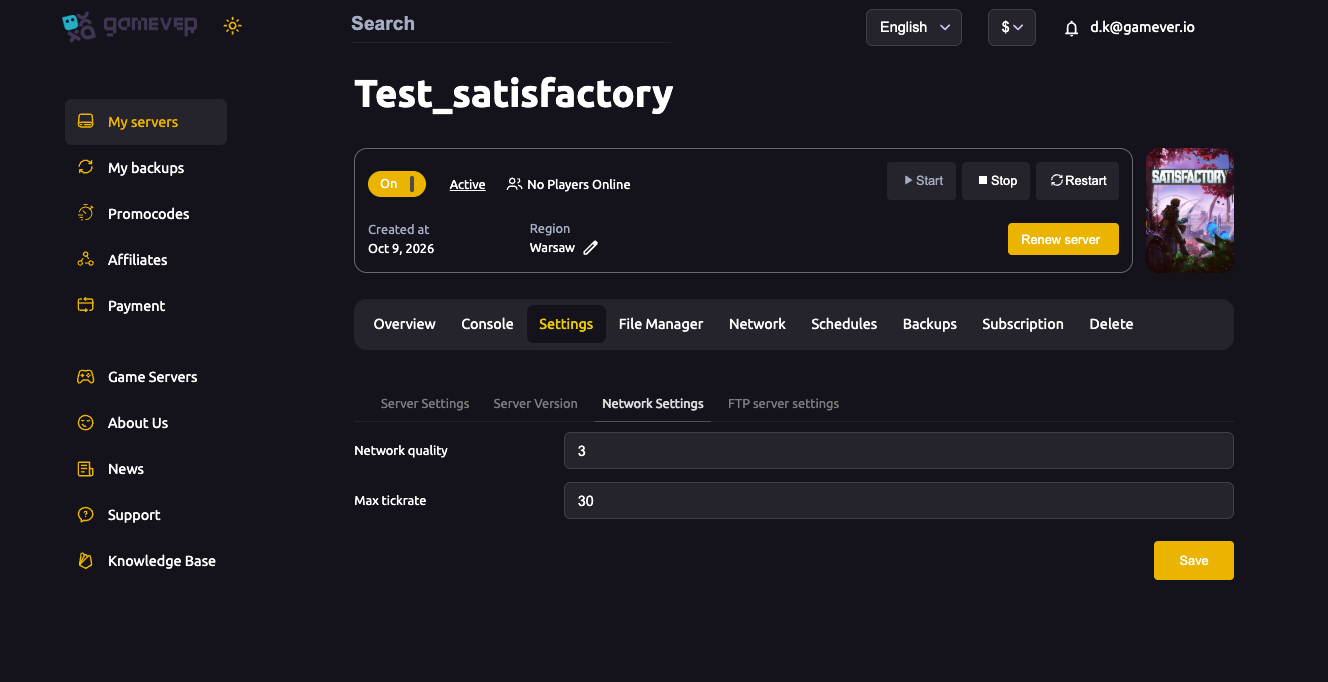 The Satisfactory Network Settings sub-tab