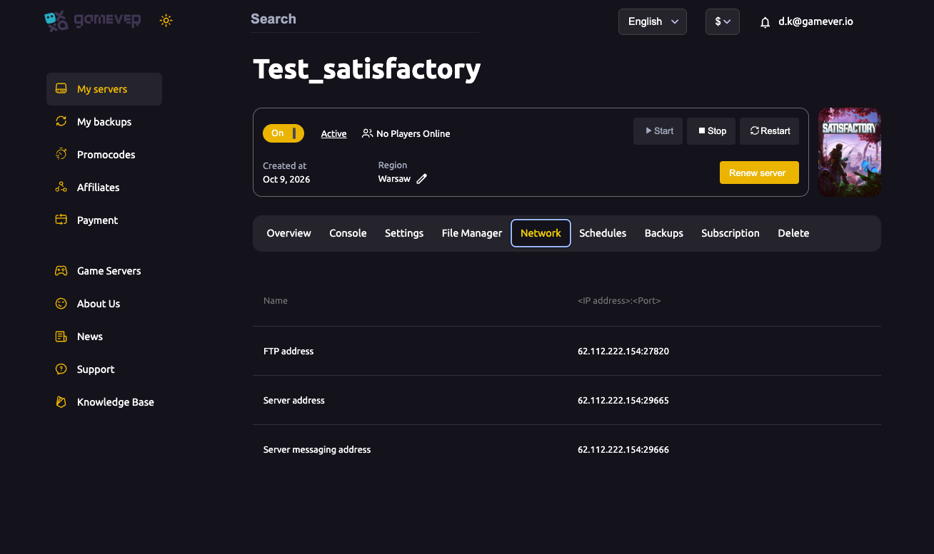 The Satisfactory Network tab