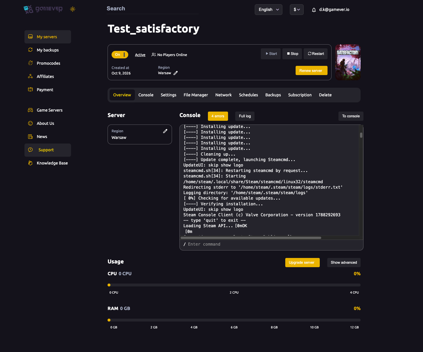 The Satisfactory server Overview tab
