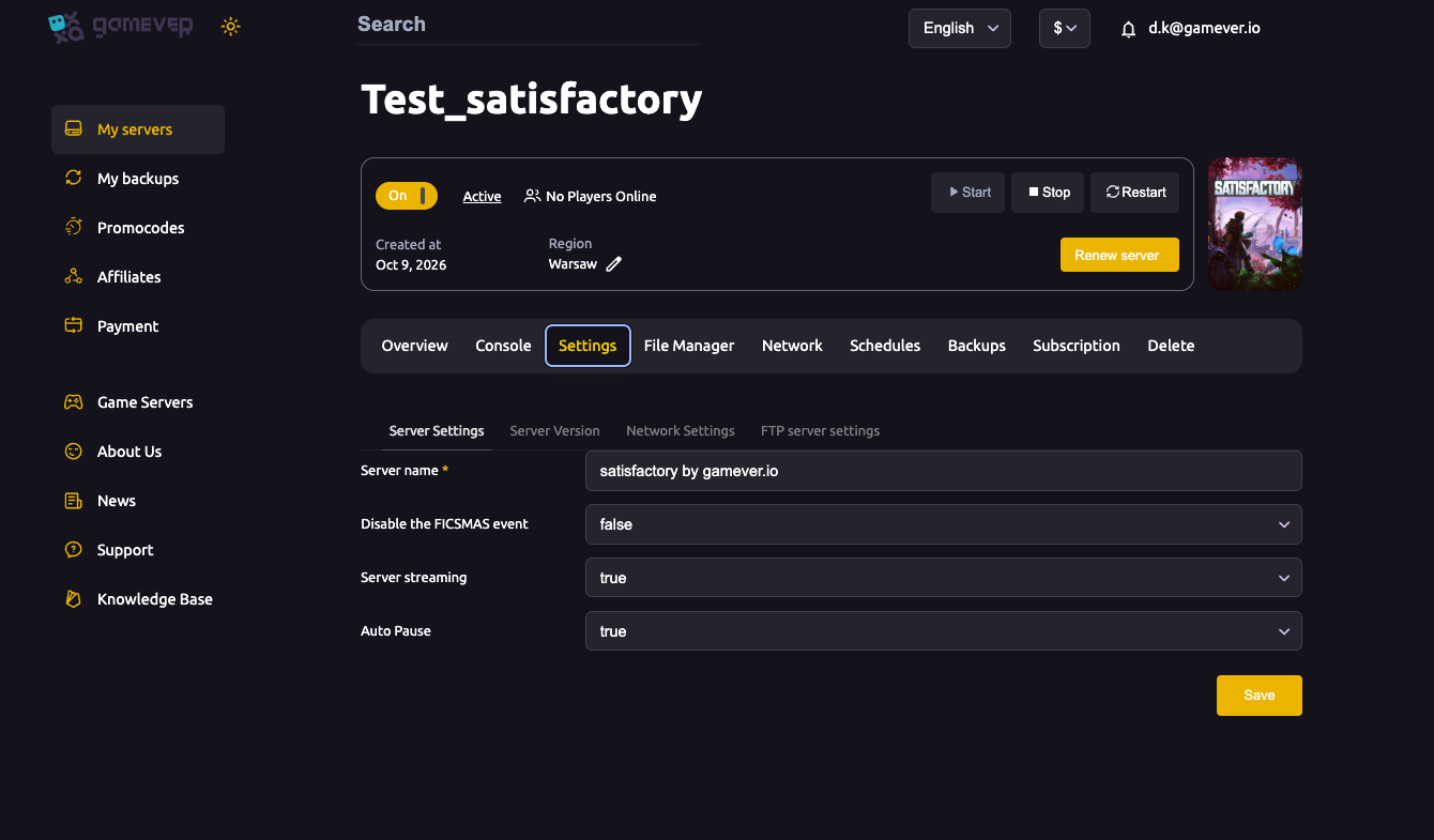 The Satisfactory Server Settings sub-tab