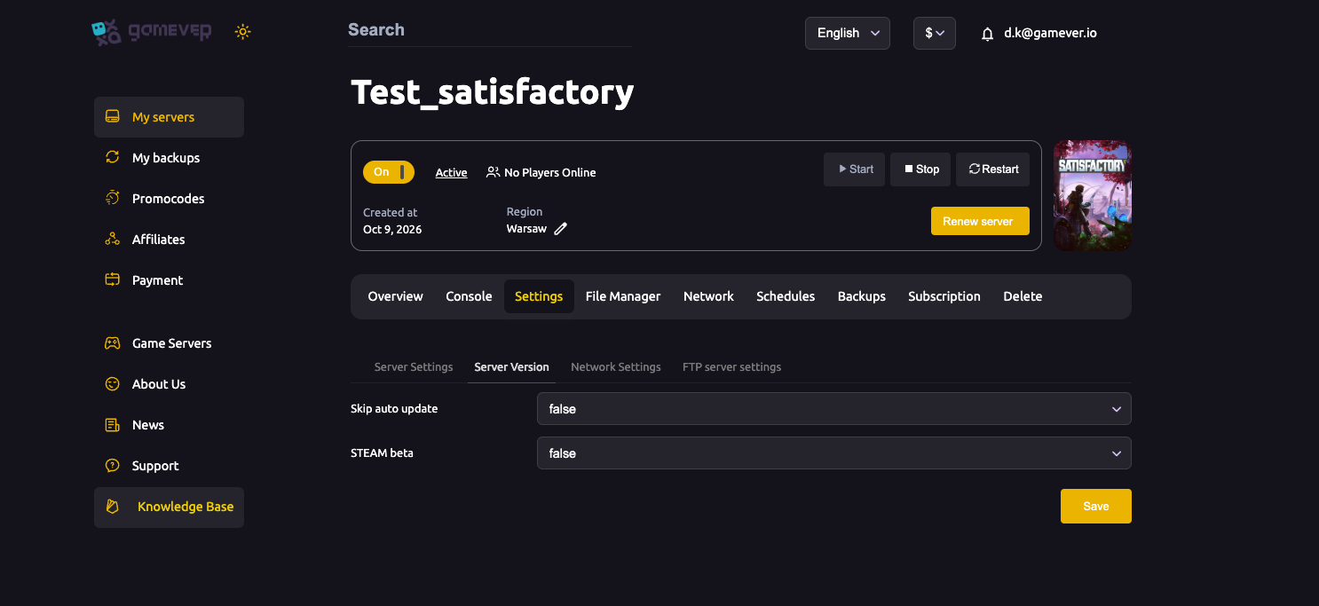 The Satisfactory Server Version sub-tab