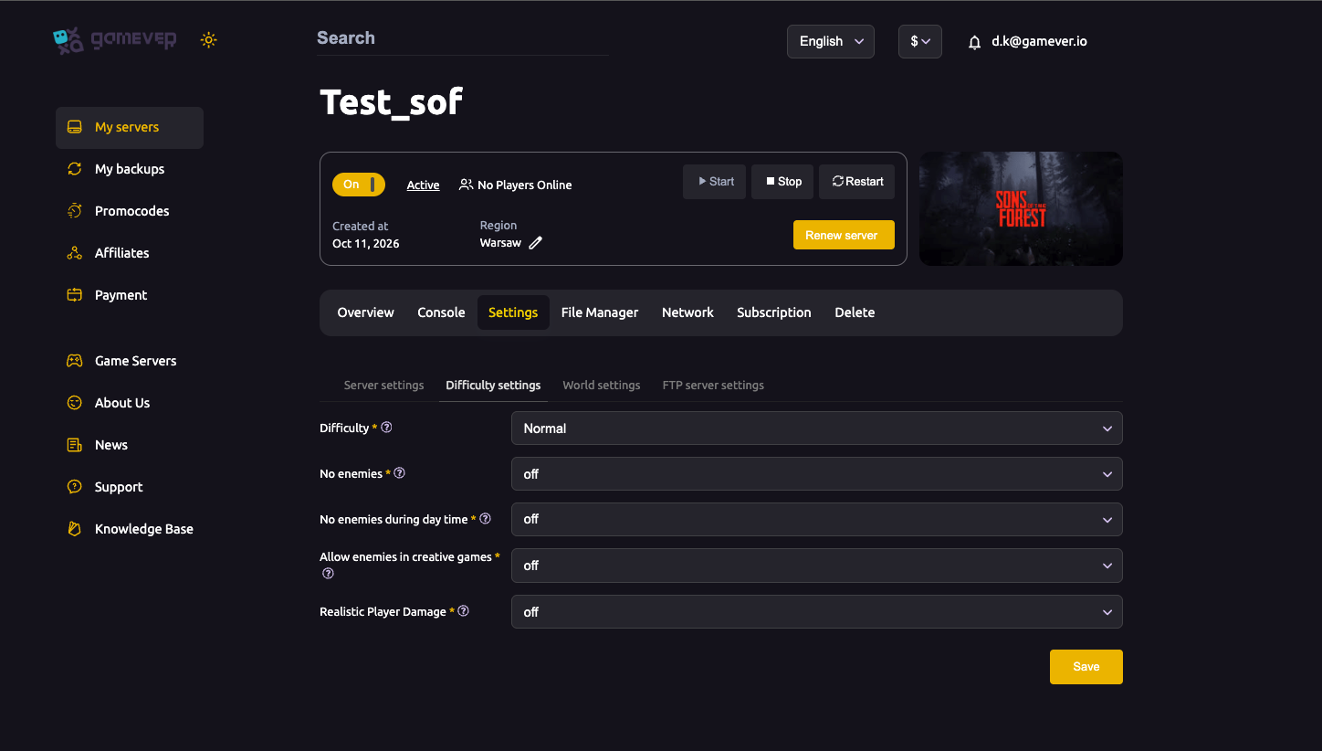 The Sons of the Forest Difficulty settings sub-tab
