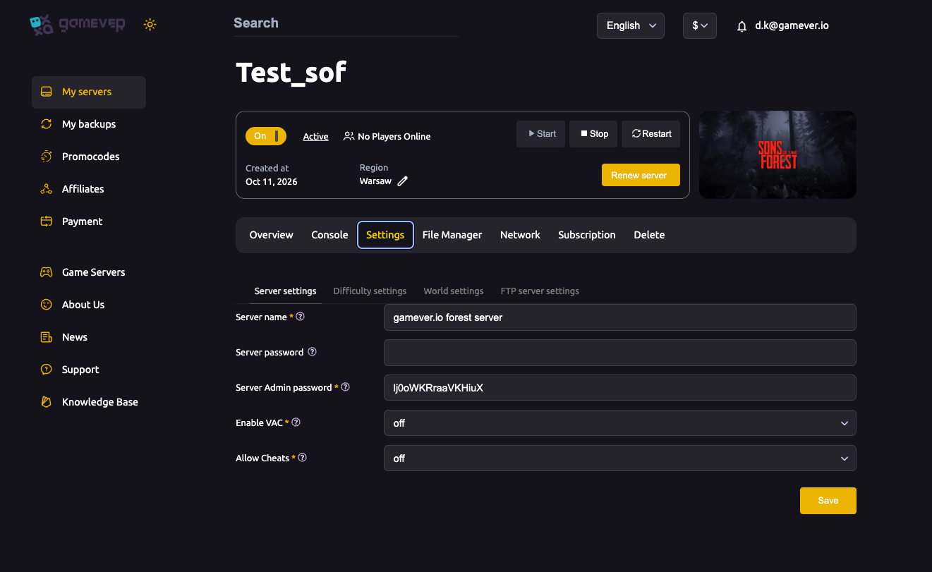 The Sons of the Forest Server settings sub-tab with Allow Cheats