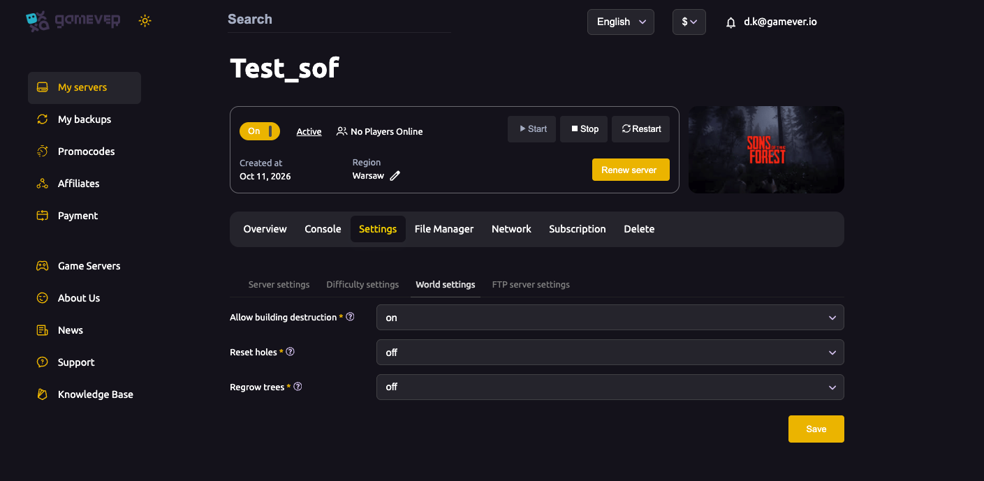 The Sons of the Forest World settings sub-tab