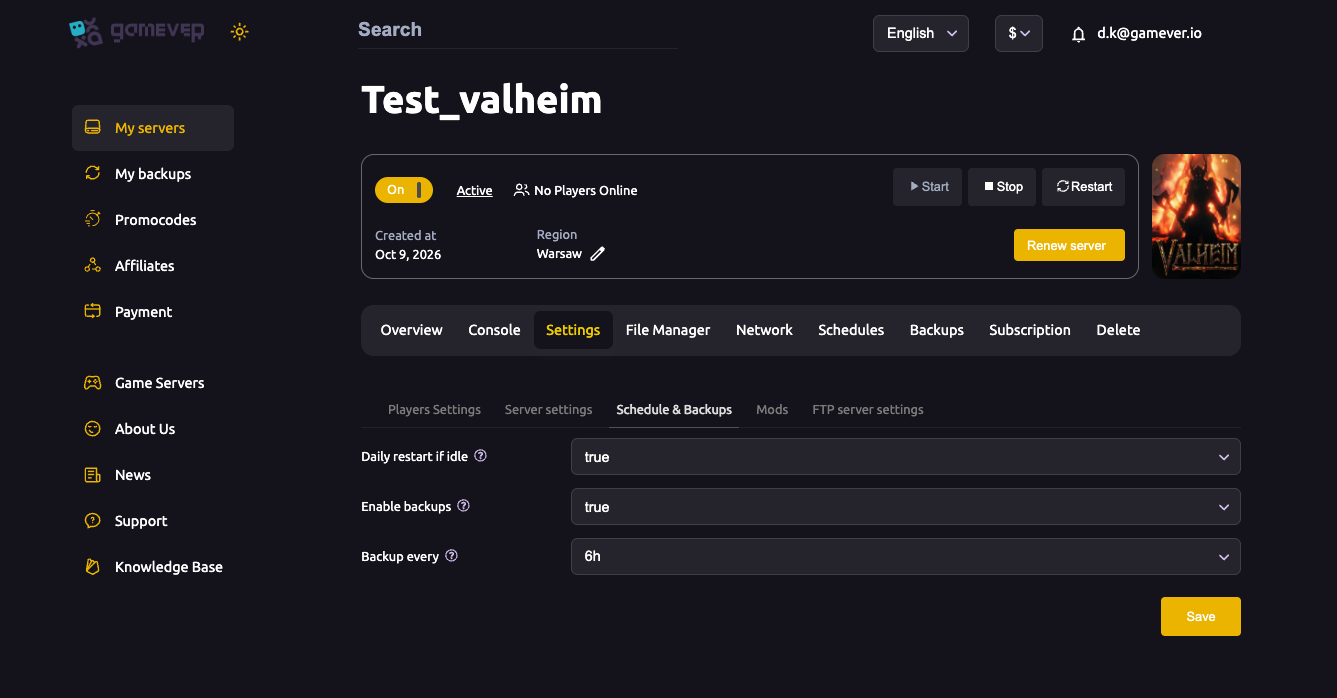 The Valheim Schedule & Backups sub-tab