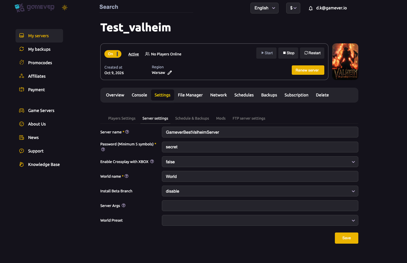 The Valheim Server settings sub-tab