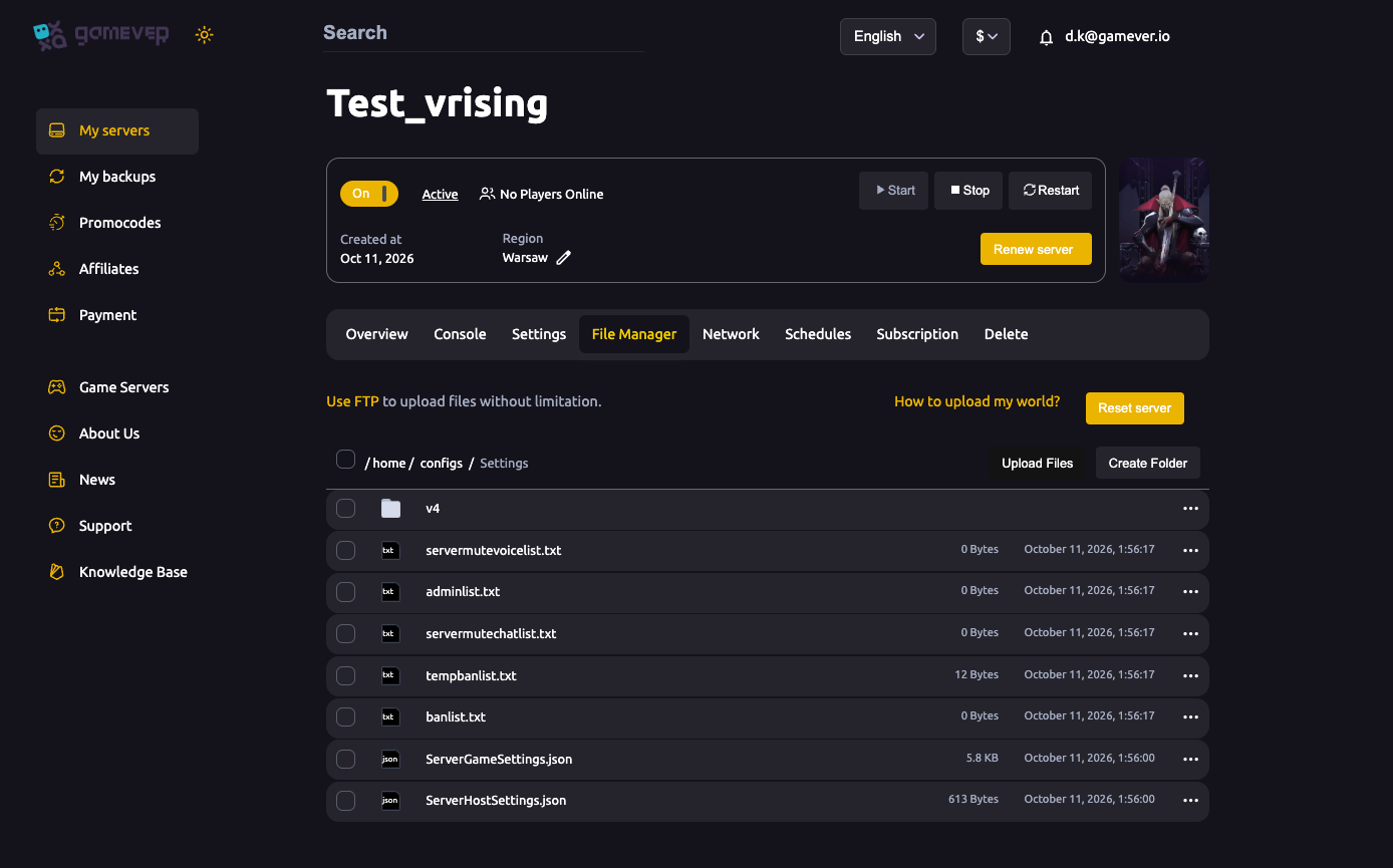 The V Rising File Manager showing the admin and ban list files