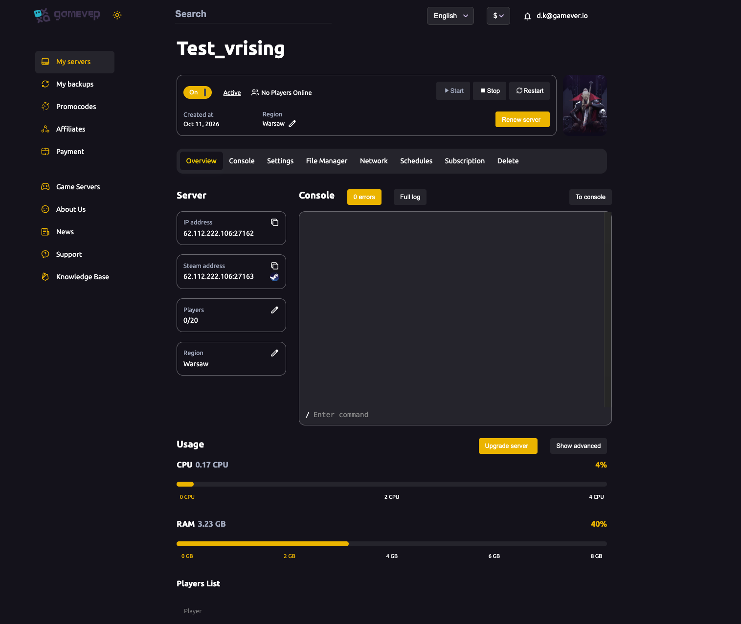 The V Rising Overview Usage meters