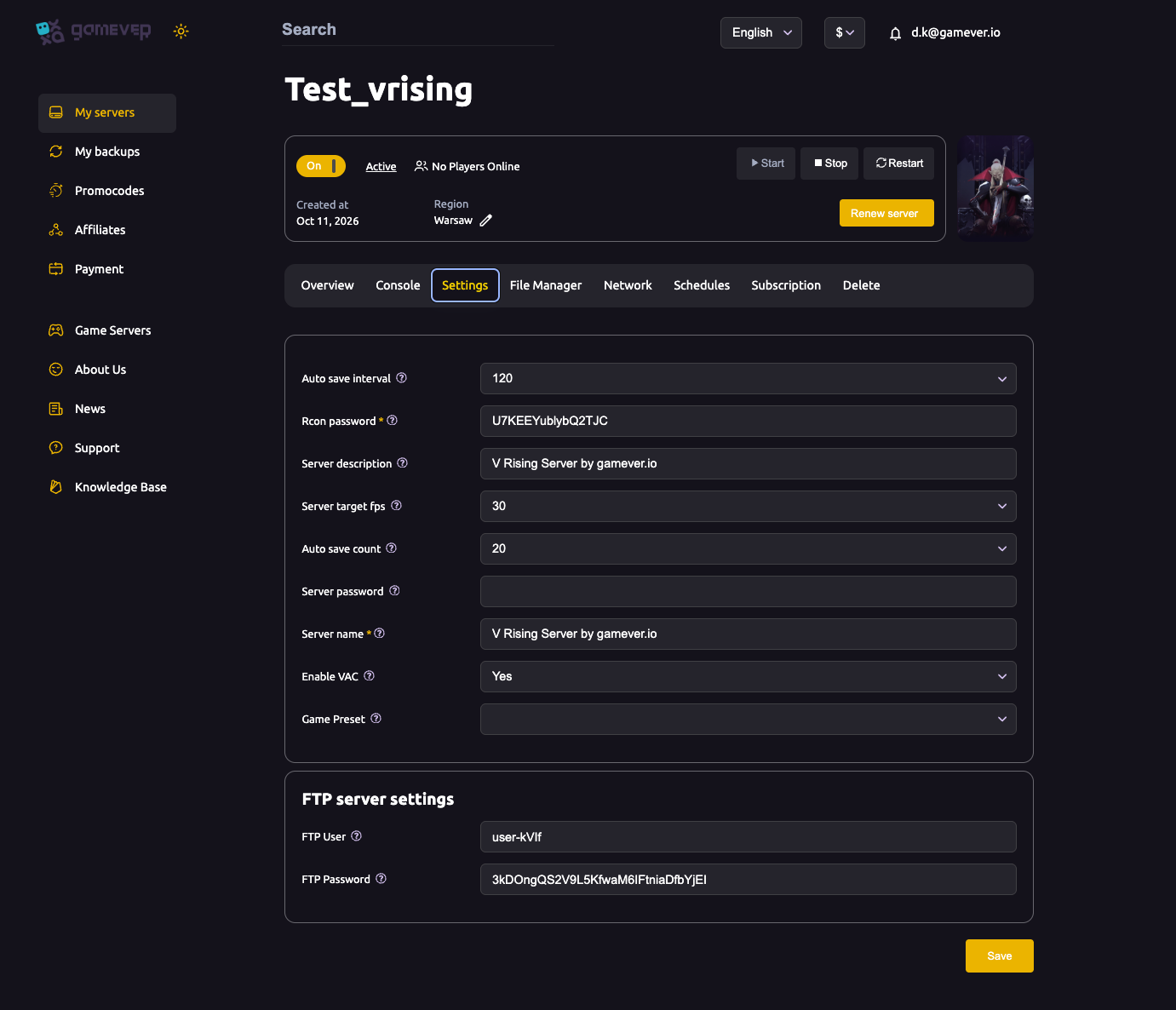 The V Rising Settings page