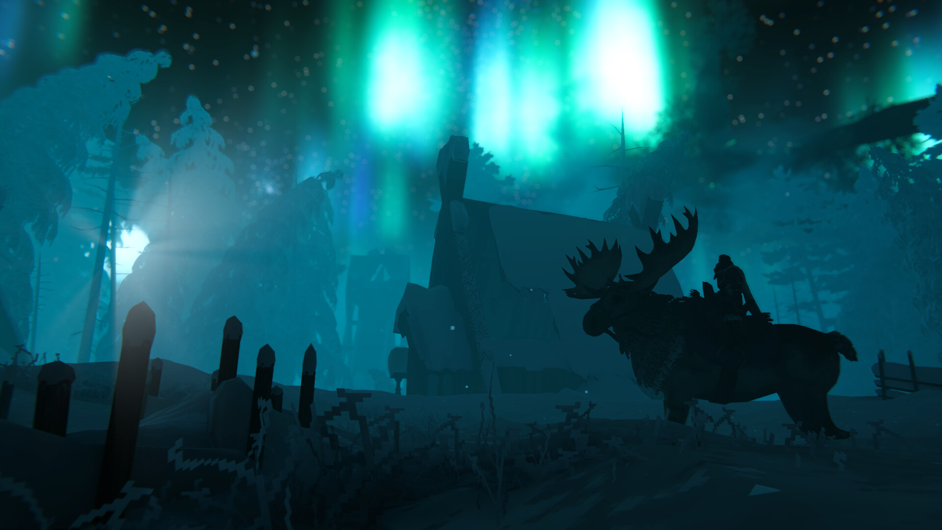A Viking rides a lox beneath the aurora in Valheim