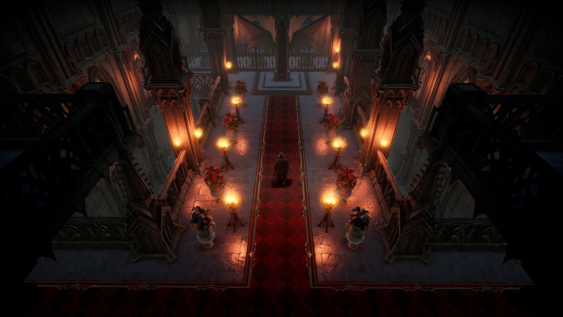 A vampire overlord presides over a shadowy throne room in V Rising