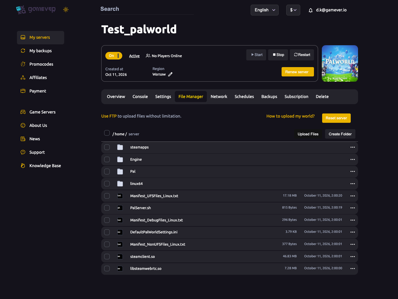 The Palworld File Manager, where the live PalWorldSettings.ini is edited