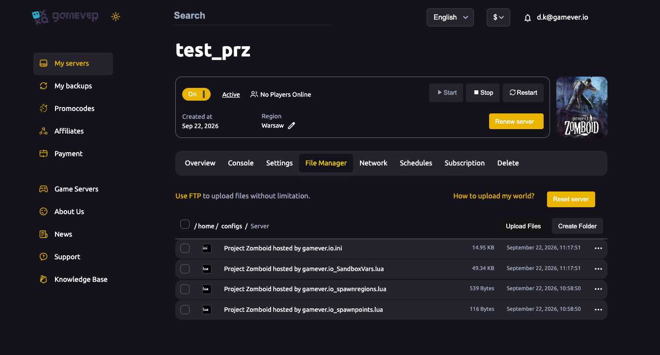 The Project Zomboid Server config folder in the File Manager